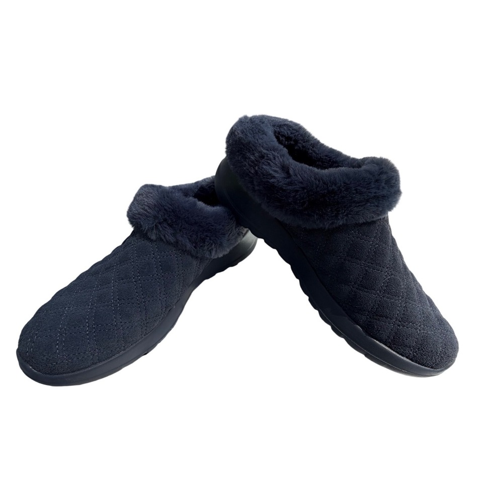 Skechers Go Walk Joy Slippers Womens 7.5 Navy Blue Quilted Faux Fur Clogs 175283